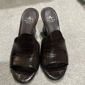 Aquatalia Women 6.5 dark brown Leather Slip On Block Open Toe Slide Sandals S29